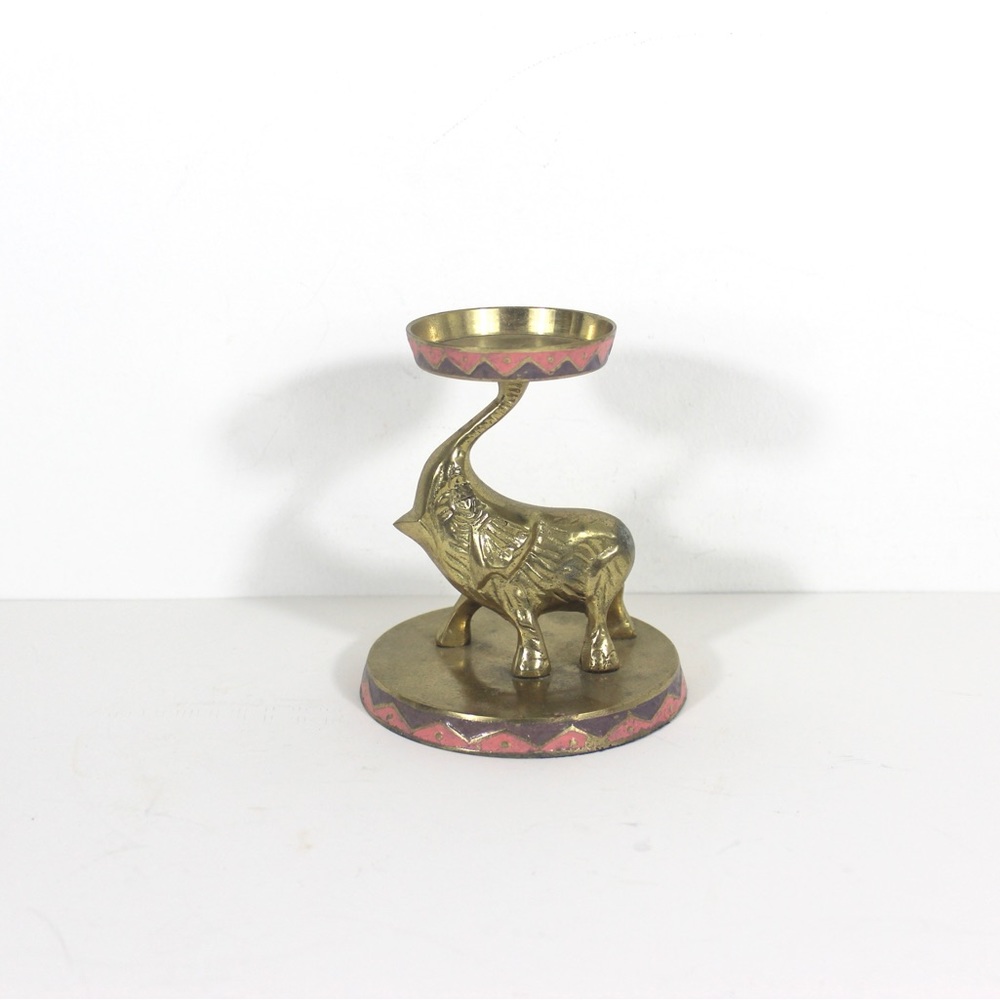 Vintage Brass and Enamel Elephant Candleholder Pillar or Tealight Pink Purple